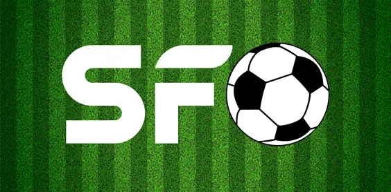 Soccer ball placed in the SFO logo with a grass background