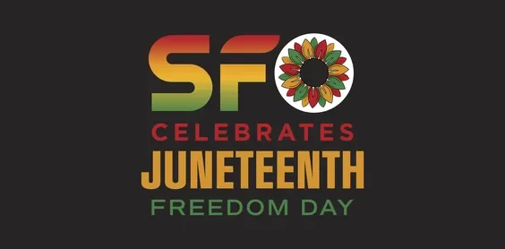 Illustration for Juneteenth with a red, green, and yellow SFO logo